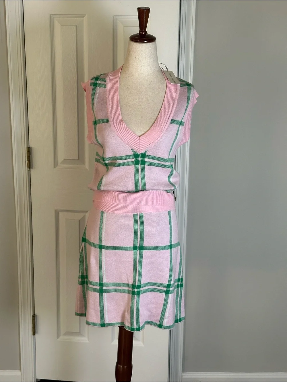 Favorite Daughter Pink and Green Plaid Knit Skirt Set New with Tags